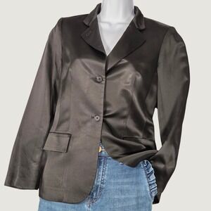 Kulson Womens 38 Tailored Satin Blazer Jacket Black Italy Shiny 2 Button